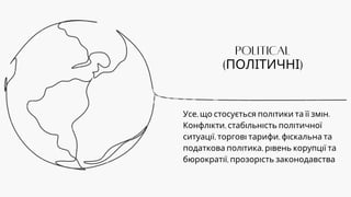 POLITICAL
(ПОЛІТИЧНІ)
Усе, що стосується політики та її змін.
Конфлікти, стабільність політичної
ситуації, торгові тарифи, фіскальна та
податкова політика, рівень корупції та
бюрократії, прозорість законодавства
 