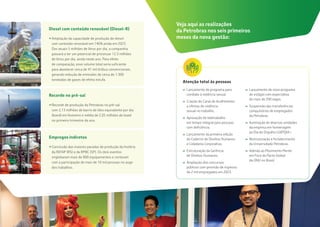 6 | BALANÇO DE 6 MESES NOVA GESTÃO BALANÇO DE 6 MESES NOVA GESTÃO | 7
Atenção total às pessoas
Veja aqui as realizações
da Petrobras nos seis primeiros
meses da nova gestão:
›› Lançamento de programa para 		
combate à violência sexual.
›› Criação do Canal de Acolhimento
a vítimas de violência
sexual no trabalho.
›› Aprovação do teletrabalho
em tempo integral para pessoas
com deficiência.
›› Lançamento da primeira edição
do Caderno de Direitos Humanos
e Cidadania Corporativa.
›› Estruturação da Gerência
de Direitos Humanos.
›› Ampliação dos concursos
públicos com previsão de ingresso
de 2 mil empregados em 2023.
›› Lançamento de novo programa
de estágio com expectativa
de mais de 200 vagas.
›› Suspensão das transferências
compulsórias de empregados
da Petrobras.
›› Iluminação de diversas unidades
da empresa em homenagem
ao Dia do Orgulho LGBTQIA+.
›› Restruturação e fortalecimento
da Universidade Petrobras.
›› Adesão ao Movimento Mente
em Foco do Pacto Global
da ONU no Brasil.
Diesel com conteúdo renovável (Diesel-R)
›› Ampliação da capacidade de produção de diesel
com conteúdo renovável em 146% ainda em 2023.
Dos atuais 5 milhões de litros por dia, a companhia
passará a ter um potencial de processar 12,3 milhões
de litros por dia, ainda neste ano. Para efeito
de comparação, esse volume total seria suficiente
para abastecer cerca de 41 mil ônibus convencionais,
gerando redução de emissões de cerca de 1.300
toneladas de gases de efeito estufa.
Recorde no pré-sal
›› Recorde de produção da Petrobras no pré-sal
com 2,13 milhões de barris de óleo equivalente por dia
(boed) em fevereiro e média de 2,05 milhões de boed
no primeiro trimestre do ano.
Empregos indiretos
›› Conclusão das maiores paradas de produção da história
da REFAP (RS) e da RPBC (SP). Os dois eventos 		
englobaram mais de 800 equipamentos e contaram
com a participação de mais de 10 mil pessoas no auge
dos trabalhos.
 