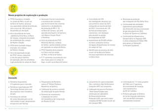 8 | BALANÇO DE 6 MESES NOVA GESTÃO BALANÇO DE 6 MESES NOVA GESTÃO | 9
Novos projetos de exploração e produção
›› FPSO Guanabara, instalado
no campo de Mero, no pré-sal
da Bacia de Santos, alcançou
sua capacidade máxima de produção,
com a marca de 180 mil barris
de petróleo por dia (bpd).
›› Início da produção do navio-		
-plataforma Anna Nery, na Bacia
de Campos, integrante do projeto
de revitalização dos campos
de Marlim e Voador.
›› FPSO Anita Garibaldi chegou
à locação, nos campos
de Marlim e Voador.
›› Início da exportação de gás
do FPSO Carioca, reduzindo
a cota dos poços injetores
em operação, além de rentabilizar
o gás produzido no campo de Sépia.
›› Aprovação final de investimento
e assinatura dos contratos
para fornecimento dos sistemas 		
submarinos e da plataforma
de produção do BM-C-33,
na Bacia de Campos, que será
operada pela Equinor, em parceria 		
com Repsol Sinopec Brasil
e Petrobras.
›› Início da produção do FPSO 		
Almirante Barroso, na Bacia
de Santos, quinta unidade a entrar
em operação no campo de Búzios.
›› FPSO Sepetiba deixa estaleiro
na China rumo ao campo
de Mero, na Bacia de Santos.
›› P-71 aumentou sua produção com
dois novos poços no campo de 		
Itapu, no pré-sal da Bacia de Santos.
Inovação
›› Petrobras disponibiliza
214 patentes para o mercado.
›› Petrobras é apontada pelo MIT
Technology Review como uma
das empresas mais inovadoras
do país.
›› Assinatura de contrato
de comercialização para uso de 		
robô inédito no país, desenvolvido
em parceria com startup.
›› Pesquisadora da Petrobras
venceu 6º Prêmio Mulheres 		
Brasileiras na Química.
›› Celebração do primeiro contrato
de embarcação de apoio híbrida.
›› Aumento do investimento
e ampliação do Centro
de Competência de Computação
em Nuvem (CCCN).
›› Crescimento de 25%
das interligações de poços nos 		
seis primeiros meses de 2023,
comparado ao mesmo período
de 2022. Crescimento de 12%
da frota de embarcações
submarinas, com destaque
para atuação na gestão
de integridade de E&P.
›› Investimento de R$ 600 milhões
na maior campanha sísmica
em águas ultraprofundas do mundo,
no campo de Tupi.
›› Identificação da presença de óleo
no pré-sal da Bacia de Santos,
em poço exploratório de extensão,
no bloco Aram.
›› Retomada da produção
das instalações do Polo Bahia Terra.
›› Continuidade das atividades
exploratórias para avaliação
das dimensões da nova acumulação
de gás descoberta em 2022,
no bloco de Tayrona na Colômbia.
›› Construção da infraestrutura 		
aeroportuária no Oiapoque (AP)
e centro ambiental em Belém (PA) 		
para apoiar as Operações
na Margem Equatorial.
›› Lançamento do supercomputador
Tatu, o primeiro High Performance 		
Computer (HPC) da companhia.
›› Celebração de parceria Petrobras-
-Shell-Senai/Cimatec para
construção do Laboratório
de Desenvolvimentoda
Produção (LDP), que será o maior
complexo de P&D focado no pré-sal,
em Camaçari (BA).
›› Contratação de 113 novos projetos
de P,D&I com 57 parceiros 		
do ecossistema de inovação,
com investimentos
de R$ 567 milhões.
›› Primeira aplicação na América
do Sul de inspeção submarina 		
com uso de ROV controlado
remotamente (onshore).
 