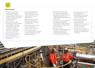 10 | BALANÇO DE 6 MESES NOVA GESTÃO BALANÇO DE 6 MESES NOVA GESTÃO | 11
Refino do futuro
›› Assinatura do contrato para
ampliação e modernização
da RNEST (PE) para aumentar
a capacidade total de processamento
do Trem 1: dos atuais 115 mil barris
de petróleo por dia (bpd)
para 130 mil bpd.
›› Aprovação da continuidade
da implantação do Trem 2 da RNEST,
que irá expandir a capacidade
de refino nacional, viabilizando
o aumento da produção
de derivados - principalmente
diesel S10 - em atendimento
às demandas do mercado.
›› Maior nível mensal de utilização
das refinarias desde 2015.
›› Recorde de produção nacional
de Diesel S10.
›› Estudos de novos projetos para
expansão da produção de Diesel
com conteúdo renovável nas refinarias
REGAP (MG) e RNEST (PE), além
da REPAR (PR), RPBC (SP), REDUC (RJ)
e REPLAN (SP).
›› Avaliação de novas plantas dedicadas
para produção do Diesel R100,
com matéria-prima 100% sustentável,
na RNEST (PE) e no Polo Gaslub (RJ),
além da RPBC (SP).
›› Primeiro uso em pista
do CAP Pro, novo asfalto desenvolvido
pela Petrobras, que possibilita
a redução de 65% das emissões
estimadas de gases de efeito estufa.
›› Com tecnologia da Petrobras,
Refinaria Riograndense será
a primeira biorrefinaria no Brasil
a processar matéria-prima
100% renovável.
›› Redução de 20% das emissões
pelas tochas em refinarias
em relação a 2022, e 50% menor
em relação a 2019.
›› Primeiro abastecimento de navio
da frota com biobunker,
de menor pegada de carbono.
›› Certificação internacional
 para a unidade de coprocessamento
que produz o Diesel com conteúdo
renovável na REPAR (PR).
›› Início da operação do novo polo
de venda de Diesel em
Rondonópolis (MT), o que gerou
uma redução de 50% no valor
do frete rodoviário local.
›› Lançamento da nova gasolina
Premium Petrobras com
octanagem RON 100,
que proporciona maior resistência
à detonação do combustível,
e baixo teor de enxofre.
›› Conclusão das obras da Fase 1
da Logum, com a chegada do duto
de etanol na zona metropolitana
de São Paulo.
 