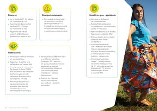 14 | BALANÇO DE 6 MESES NOVA GESTÃO BALANÇO DE 6 MESES NOVA GESTÃO | 15
Finanças
›› Lucro líquido de R$ 38,2 bilhões
no 1º trimestre de 2023.
›› Investimentos da companhia
totalizam US$ 2,5 bilhões
no 1º trimestre de 2023.
›› Pagamento em tributos
soma R$ 62,6 bilhões nos
primeiros três meses do ano.
Descomissionamento
›› Conclusão do primeiro leilão
de destinação sustentável
de uma plataforma (P-32).
A unidade terá reciclagem verde
no Brasil, gerando empregos
e negócios para a indústria local.
Institucional
›› Participação inédita da Petrobras
em evento da Opep.
›› Reabertura do edifício-sede
da Petrobras em Salvador (BA).
›› Reinauguração do edifício-sede
Rio Grande do Norte (EDIRN)
e do lançamento das instalações 		
que funcionarão com hub
de projetos de energia eólica
da companhia em Natal.
›› Reavaliação dos processos
de desinvestimentos não
assinados a ser realizada
no âmbito dos ajustes
do Planejamento Estratégico.
›› Participações na CERA Week 2023
e na Offshore Technology
Conference (OTC), Houston,
em que o presidente e diretores 		
expuseram as diretrizes
da nova gestão e dialogaram
com empresas do setor,
investidores e imprensa
internacionais.
›› Anúncio, em 1o
de maio,
de oito novas medidas
para melhorar o ambiente
de trabalho.
Benefícios para a sociedade
›› Lançamento do Relatório
de Sustentabilidade.
›› Seleção Pública de projetos
socioambientais não incentivados
recebe 414 inscrições.
›› Patrocínio à exposição do Abadias
Nascimento em Inhotim (MG).
›› Entrega doações a comunidades
atingidas pelas chuvas
em São Paulo.
›› Ampliação das parcerias
com catadores e recicladores, 		
inclusive na capacitação,
educação ambiental comunitária
e manutenção de veículos,
galpões e equipamentos.
›› Projeto Vale Sustentável
atinge 1,2 milhão de quilos
de carbono retidos, por meio
de 127 mil mudas da caatinga
plantadas em 150 hectares
nos municípios de Assu
e Guamaré (RN).
 