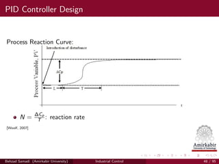 PID Controller Design
Process Reaction Curve:
N =
ΔCp
T : reaction rate
[Woolf, 2007]
Behzad Samadi (Amirkabir University) Industrial Control 48 / 95
 