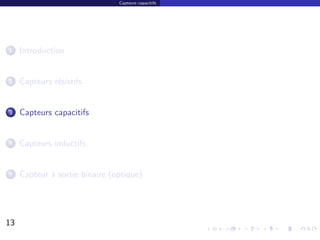Capteurs capacitifs




1    Introduction


2    Capteurs r´sistifs
               e


3    Capteurs capacitifs


4    Capteurs inductifs


5    Capteur ` sortie binaire (optique)
             a




13                                                    13/30
 