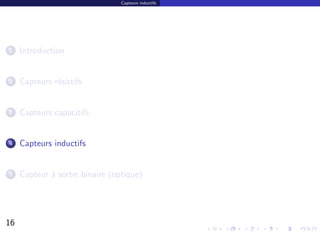 Capteurs inductifs




1    Introduction


2    Capteurs r´sistifs
               e


3    Capteurs capacitifs


4    Capteurs inductifs


5    Capteur ` sortie binaire (optique)
             a




16                                                    16/30
 