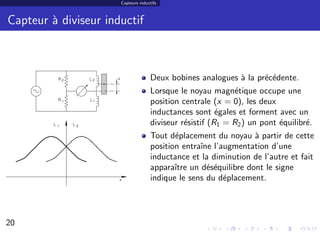 Capteurs inductifs



Capteur ` diviseur inductif
        a



                                     Deux bobines analogues ` la pr´c´dente.
                                                            a      e e
                                     Lorsque le noyau magn´tique occupe une
                                                             e
                                     position centrale (x = 0), les deux
                                     inductances sont ´gales et forment avec un
                                                         e
                                     diviseur r´sistif (R1 = R2 ) un pont ´quilibr´.
                                               e                          e       e
                                     Tout d´placement du noyau ` partir de cette
                                            e                    a
                                     position entraˆ l’augmentation d’une
                                                   ıne
                                     inductance et la diminution de l’autre et fait
                                     apparaˆ un d´s´quilibre dont le signe
                                            ıtre     ee
                                     indique le sens du d´placement.
                                                         e




20                                                                                20/30
 