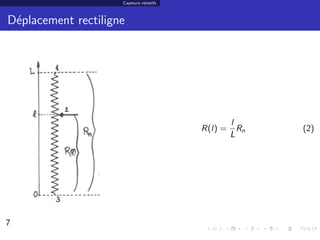 Capteurs r´sistifs
                               e



D´placement rectiligne
 e




                                                   l
                                          R(l) =     Rn   (2)
                                                   L




7                                                          7/30
 