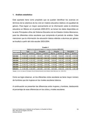 1. Análisis estadístico

Este apartado tiene como propósito que se puedan identificar los avances en
términos de la cobertura de los                         ODM       en materia educativa relativa a la igualdad de
género. Para lograr un mayor acercamiento en la información sobre la dinámica
educativa en México en el periodo 2000-2010, se toman los datos disponibles en
la serie Principales cifras del Sistema Educativo de los Estados Unidos Mexicanos,
para los diferentes ciclos escolares que comprende el periodo de análisis. Cabe
mencionar que la información de educación básica referida a alumnos por género
se localizó a partir del ciclo escolar 2003-2004.


                                                                  Cuadro 1
                                Histórico de educación básica en mujeres y hombres (2003-2010)
                              Total                        Preescolar                       Primaria                        Secundaria
Ciclo escolar
                    Mujeres         Hombres          Mujeres        Hombres          Mujeres        Hombres          Mujeres      Hombres

2003-2004           11 933 482      12 370 915        1 854 691       1 887 942       7 216 436       7 564 891       2 862 355    2 918 082
2004-2005           12 099 840      12 534 225        2 022 712       2 064 116       7 149 543       7 503 336       2 927 585    2 966 773
2005-2006           12 271 837      12 707 781        2 203 084       2 249 084       7 095 403       7 452 791       2 973 350    3 005 906
2006-2007           12 481 691      12 898 814        2 345 531       2 393 703       7 118 868       7 466 936       3 017 292    3 038 175
2007-2008           12 553 077      12 963 073        2 349 993       2 395 748       7 155 264       7 498 871       3 047 820    3 068 454
2008-2009           12 592 246      13 011 360        2 293 915       2 340 497       7 239 166       7 576 569       3 059 165    3 094 294
2009-2010           12 592 594      13 004 267        2 280 530       2 327 725       7 267 292       7 593 412       3 044 772    3 083 130
Fuente: CEA M EG con base en Principales cifras del Sistema Educativo de los Estados Unidos Mexicanos ( SEP , 2004-2010).




Como se logra observar, en los diferentes ciclos escolares se tiene mayor número
de hombres que de mujeres en los niveles escolares básicos.


A continuación se presentan las diferencias entre mujeres y hombres, destacando
el porcentaje de esas diferencias en los ciclos y niveles escolares.




Centro de Estudios para el Adelanto de las Mujeres y la Equidad de Género                                                                 19
Mtra. María de los Ángeles Corte Ríos
Directora General
 