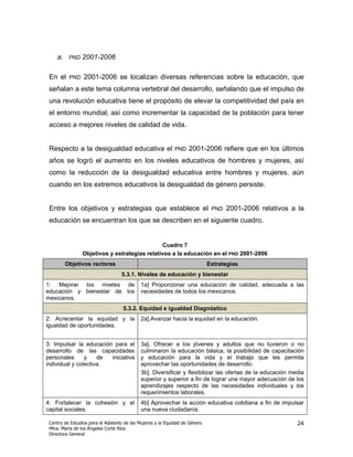a.    PND   2001-2006

 En el    PND    2001-2006 se localizan diversas referencias sobre la educación, que
 señalan a este tema columna vertebral del desarrollo, señalando que el impulso de
 una revolución educativa tiene el propósito de elevar la competitividad del país en
 el entorno mundial, así como incrementar la capacidad de la población para tener
 acceso a mejores niveles de calidad de vida.


 Respecto a la desigualdad educativa el                      PND   2001-2006 refiere que en los últimos
 años se logró el aumento en los niveles educativos de hombres y mujeres, así
 como la reducción de la desigualdad educativa entre hombres y mujeres, aún
 cuando en los extremos educativos la desigualdad de género persiste.


 Entre los objetivos y estrategias que establece el                           PND   2001-2006 relativos a la
 educación se encuentran los que se describen en el siguiente cuadro.


                                              Cuadro 7
                Objetivos y estrategias relativos a la educación en el PND 2001-2006
         Objetivos rectores                                                  Estrategias
                                   5.3.1. Niveles de educación y bienestar
1: Mejorar los niveles de                   1a] Proporcionar una educación de calidad, adecuada a las
educación y bienestar de los                necesidades de todos los mexicanos.
mexicanos.
                                    5.3.2. Equidad e igualdad Diagnóstico
2: Acrecentar la equidad y la               2a].Avanzar hacia la equidad en la educación.
igualdad de oportunidades.


3: Impulsar la educación para el            3a]. Ofrecer a los jóvenes y adultos que no tuvieron o no
desarrollo de las capacidades               culminaron la educación básica, la posibilidad de capacitación
personales      y    de iniciativa          y educación para la vida y el trabajo que les permita
individual y colectiva.                     aprovechar las oportunidades de desarrollo.
                                            3b]. Diversificar y flexibilizar las ofertas de la educación media
                                            superior y superior a fin de lograr una mayor adecuación de los
                                            aprendizajes respecto de las necesidades individuales y los
                                            requerimientos laborales.
4: Fortalecer la cohesión y el              4b] Aprovechar la acción educativa cotidiana a fin de impulsar
capital sociales.                           una nueva ciudadanía.

 Centro de Estudios para el Adelanto de las Mujeres y la Equidad de Género                                 24
 Mtra. María de los Ángeles Corte Ríos
 Directora General
 