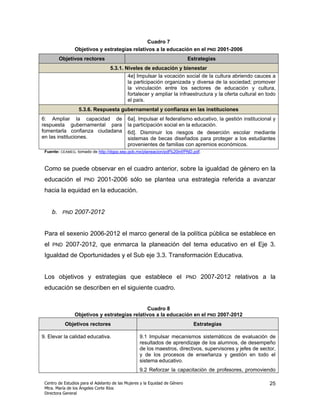 Cuadro 7
                  Objetivos y estrategias relativos a la educación en el PND 2001-2006
           Objetivos rectores                                                Estrategias
                                   5.3.1. Niveles de educación y bienestar
                                           4e] Impulsar la vocación social de la cultura abriendo cauces a
                                           la participación organizada y diversa de la sociedad; promover
                                           la vinculación entre los sectores de educación y cultura,
                                           fortalecer y ampliar la infraestructura y la oferta cultural en todo
                                           el país.
                   5.3.6. Respuesta gubernamental y confianza en las instituciones
6: Ampliar la capacidad de                  6a]. Impulsar el federalismo educativo, la gestión institucional y
respuesta gubernamental para                la participación social en la educación.
fomentarla confianza ciudadana              6d]. Disminuir los riesgos de deserción escolar mediante
en las instituciones.                       sistemas de becas diseñados para proteger a los estudiantes
                                            provenientes de familias con apremios económicos.
 Fuente: CEAMEG, tomado de http://dgpp.sep.gob.mx/planeacion/pdf%20inf/PND.pdf.



 Como se puede observar en el cuadro anterior, sobre la igualdad de género en la
 educación el        PND    2001-2006 sólo se plantea una estrategia referida a avanzar
 hacia la equidad en la educación.


      b.    PND   2007-2012


 Para el sexenio 2006-2012 el marco general de la política pública se establece en
 el   PND    2007-2012, que enmarca la planeación del tema educativo en el Eje 3.
 Igualdad de Oportunidades y el Sub eje 3.3. Transformación Educativa.


 Los objetivos y estrategias que establece el                                PND   2007-2012 relativos a la
 educación se describen en el siguiente cuadro.


                                                Cuadro 8
                  Objetivos y estrategias relativos a la educación en el PND 2007-2012
             Objetivos rectores                                                Estrategias

9. Elevar la calidad educativa.                    9.1 Impulsar mecanismos sistemáticos de evaluación de
                                                   resultados de aprendizaje de los alumnos, de desempeño
                                                   de los maestros, directivos, supervisores y jefes de sector,
                                                   y de los procesos de enseñanza y gestión en todo el
                                                   sistema educativo.
                                                   9.2 Reforzar la capacitación de profesores, promoviendo

 Centro de Estudios para el Adelanto de las Mujeres y la Equidad de Género                                  25
 Mtra. María de los Ángeles Corte Ríos
 Directora General
 