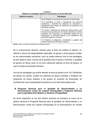 Cuadro 8
               Objetivos y estrategias relativos a la educación en el PND 2007-2012
          Objetivos rectores                                                Estrategias
                                                  becas dirigidos a los grupos en situación de desventaja.
                                                  14.3 Consolidar el perfil y desempeño del personal
                                                  académico y extender las prácticas de evaluación y
                                                  acreditación para mejorar la calidad de los programas de
                                                  educación superior.
                                                  14.4 Crear y fortalecer las instancias institucionales y los
                                                  mecanismos para articular, de manera coherente, la oferta
                                                  educativa, las vocaciones y el desarrollo integral de los
                                                  estudiantes, la demanda laboral y los imperativos del
                                                  desarrollo regional y nacional.
                                                  14.5 Mejorar la integración, coordinación y gestión del
                                                  sistema nacional de educación superior.
Fuente: CEAMEG, con base en Presidencia de la República (2007)



De lo anteriormente descrito, interesa para el tema de análisis el objetivo 10,
referido a reducir las desigualdades regionales, de género y entre grupos sociales
en las oportunidades educativas, pero se puede observar que en las estrategias
de ese objetivo rector, el tema de la igualdad entre mujeres y hombres, o igualdad
de género se diluye, pues no se hace referencia explícita al tema de género, lo
cual no implica la exclusión del tema.


Una de las estrategias que podría atender el tema de género es la 14.2 Flexibilizar
los planes de estudio, ampliar los sistemas de apoyo tutoriales y fortalecer los
programas de becas dirigidos a los grupos en situación de desventaja, en
consideración que la desigualdad de género es una clara desventaja social.


  B. Programa Nacional para la Igualdad de Oportunidades y no
     Discriminación contra las mujeres (Proequidad) y Programa Nacional
     para la Igualdad entre Mujeres y Hombres (Proigualdad)

De forma específica en los dos últimos sexenios se incorporó al marco de la
política nacional el Programa Nacional para la Igualdad de Oportunidades y no
Discriminación contra las mujeres (Proequidad) en la administración de Vicente



Centro de Estudios para el Adelanto de las Mujeres y la Equidad de Género                                    28
Mtra. María de los Ángeles Corte Ríos
Directora General
 
