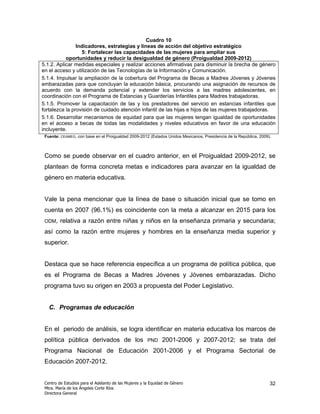 Cuadro 10
                Indicadores, estrategias y líneas de acción del objetivo estratégico
                  5: Fortalecer las capacidades de las mujeres para ampliar sus
           oportunidades y reducir la desigualdad de género (Proigualdad 2009-2012)
5.1.2. Aplicar medidas especiales y realizar acciones afirmativas para disminuir la brecha de género
en el acceso y utilización de las Tecnologías de la Información y Comunicación.
5.1.4. Impulsar la ampliación de la cobertura del Programa de Becas a Madres Jóvenes y Jóvenes
embarazadas para que concluyan la educación básica, procurando una asignación de recursos de
acuerdo con la demanda potencial y extender los servicios a las madres adolescentes, en
coordinación con el Programa de Estancias y Guarderías Infantiles para Madres trabajadoras.
5.1.5. Promover la capacitación de las y los prestadores del servicio en estancias infantiles que
fortalezca la provisión de cuidado atención infantil de las hijas e hijos de las mujeres trabajadoras.
5.1.6. Desarrollar mecanismos de equidad para que las mujeres tengan igualdad de oportunidades
en el acceso a becas de todas las modalidades y niveles educativos en favor de una educación
incluyente.
 Fuente: CEAMEG, con base en el Proigualdad 2009-2012 (Estados Unidos Mexicanos, Presidencia de la República, 2009).



 Como se puede observar en el cuadro anterior, en el Proigualdad 2009-2012, se
 plantean de forma concreta metas e indicadores para avanzar en la igualdad de
 género en materia educativa.


 Vale la pena mencionar que la línea de base o situación inicial que se tomo en
 cuenta en 2007 (96.1%) es coincidente con la meta a alcanzar en 2015 para los
 ODM,    relativa a razón entre niñas y niños en la enseñanza primaria y secundaria;
 así como la razón entre mujeres y hombres en la enseñanza media superior y
 superior.


 Destaca que se hace referencia específica a un programa de política pública, que
 es el Programa de Becas a Madres Jóvenes y Jóvenes embarazadas. Dicho
 programa tuvo su origen en 2003 a propuesta del Poder Legislativo.


   C. Programas de educación


 En el periodo de análisis, se logra identificar en materia educativa los marcos de
 política pública derivados de los                     PND    2001-2006 y 2007-2012; se trata del
 Programa Nacional de Educación 2001-2006 y el Programa Sectorial de
 Educación 2007-2012.


 Centro de Estudios para el Adelanto de las Mujeres y la Equidad de Género                                         32
 Mtra. María de los Ángeles Corte Ríos
 Directora General
 