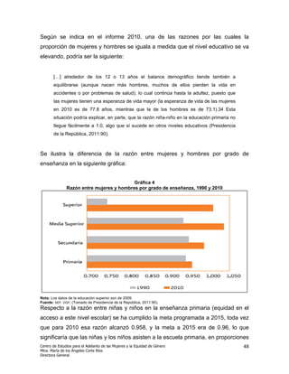 Según se indica en el informe 2010, una de las razones por las cuales la
proporción de mujeres y hombres se iguala a medida que el nivel educativo se va
elevando, podría ser la siguiente:


       […] alrededor de los 12 o 13 años el balance demográfico tiende también a
       equilibrarse (aunque nacen más hombres, muchos de ellos pierden la vida en
       accidentes o por problemas de salud), lo cual continúa hasta la adultez, puesto que
       las mujeres tienen una esperanza de vida mayor (la esperanza de vida de las mujeres
       en 2010 es de 77.8 años, mientras que la de los hombres es de 73.1).34 Esta
       situación podría explicar, en parte, que la razón niña-niño en la educación primaria no
       llegue fácilmente a 1.0, algo que sí sucede en otros niveles educativos (Presidencia
       de la República, 2011:90).



Se ilustra la diferencia de la razón entre mujeres y hombres por grado de
enseñanza en la siguiente gráfica:


                                           Gráfica 4
               Razón entre mujeres y hombres por grado de enseñanza, 1990 y 2010




Nota: Los datos de la educación superior son de 2009.
Fuente: SEP. DGP. (Tomado de Presidencia de la República, 2011:90).
Respecto a la razón entre niñas y niños en la enseñanza primaria (equidad en el
acceso a este nivel escolar) se ha cumplido la meta programada a 2015, toda vez
que para 2010 esa razón alcanzó 0.958, y la meta a 2015 era de 0.96, lo que
significaría que las niñas y los niños asisten a la escuela primaria, en proporciones
Centro de Estudios para el Adelanto de las Mujeres y la Equidad de Género                        48
Mtra. María de los Ángeles Corte Ríos
Directora General
 