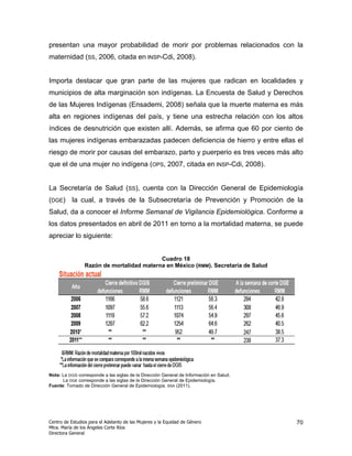 presentan una mayor probabilidad de morir por problemas relacionados con la
maternidad (SS, 2006, citada en INSP-Cdi, 2008).


Importa destacar que gran parte de las mujeres que radican en localidades y
municipios de alta marginación son indígenas. La Encuesta de Salud y Derechos
de las Mujeres Indígenas (Ensademi, 2008) señala que la muerte materna es más
alta en regiones indígenas del país, y tiene una estrecha relación con los altos
índices de desnutrición que existen allí. Además, se afirma que 60 por ciento de
las mujeres indígenas embarazadas padecen deficiencia de hierro y entre ellas el
riesgo de morir por causas del embarazo, parto y puerperio es tres veces más alto
que el de una mujer no indígena (OPS, 2007, citada en INSP-Cdi, 2008).


La Secretaría de Salud (SS), cuenta con la Dirección General de Epidemiología
(DGE) la cual, a través de la Subsecretaría de Prevención y Promoción de la
Salud, da a conocer el Informe Semanal de Vigilancia Epidemiológica. Conforme a
los datos presentados en abril de 2011 en torno a la mortalidad materna, se puede
apreciar lo siguiente:


                                           Cuadro 18
                 Razón de mortalidad materna en México (RMM). Secretaría de Salud




Nota: La DGIS corresponde a las siglas de la Dirección General de Información en Salud.
      La DGE corresponde a las siglas de la Dirección General de Epidemiología.
Fuente: Tomado de Dirección General de Epidemiología. SSA (2011).




Centro de Estudios para el Adelanto de las Mujeres y la Equidad de Género                 70
Mtra. María de los Ángeles Corte Ríos
Directora General
 