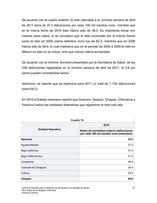 De acuerdo con el cuadro anterior, la                   RMM    calculada a la primera semana de abril
de 2011 sería de 37.3 defunciones por cada 100 mil nacidos vivos, mientras que
en la misma fecha de 2010 ésta habría sido de 38.5. Es importante tomar con
mesura estos datos, si se considera que el dato enunciado por la misma fuente
como la      RMM    en 2009 (cierre definitivo             DGIS)    fue de 62.2, mientras que en 2006
habría sido de 58.6, lo cual implicaría que en el período de 2006 a 2009 la                      RMM   en
México no sólo no se redujo, sino que incluso habría aumentado.


De acuerdo con el Informe Semanal presentado por la Secretaría de Salud, de las
238 defunciones registradas en la primera semana de abril de 2011, el 3.8 por
ciento pueden considerarse tardía.1


Asimismo, se reporta que se esperaría para 2011 un total de 1 126 defunciones
(RMM=58.3).


En 2010 el Estado mexicano reportó que Guerrero, Oaxaca, Chiapas, Chihuahua y
Veracruz fueron las entidades federativas que registraron la RMM más alta.



                                                    Cuadro 19
                                                                                2010
                  Entidad federativa
                                                              Razón de mortalidad materna (defunciones
                                                              por cada 100 mil nacidos vivos estimados)

Nacional                                                                                           53.5

Aguascalientes                                                                                     31.2

Baja California                                                                                    37.3

Baja California Sur                                                                                51.3

Campeche                                                                                           48.4

Coahuila de Zaragoza                                                                               34.4

Colima                                                                                             29.5

Chiapas                                                                                            80.6


Centro de Estudios para el Adelanto de las Mujeres y la Equidad de Género                              71
Mtra. María de los Ángeles Corte Ríos
Directora General
 
