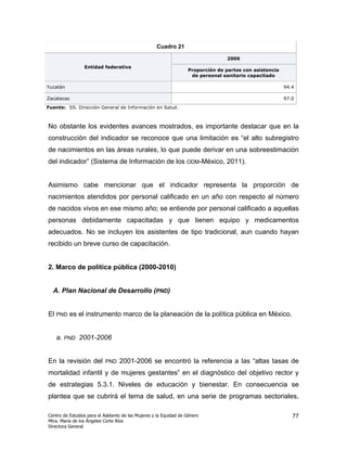 Cuadro 21

                                                                                  2006
                 Entidad federativa
                                                                   Proporción de partos con asistencia
                                                                    de personal sanitario capacitado

Yucatán                                                                                                  94.4

Zacatecas                                                                                                97.0
Fuente: SS. Dirección General de Información en Salud.



No obstante los evidentes avances mostrados, es importante destacar que en la
construcción del indicador se reconoce que una limitación es “el alto subregistro
de nacimientos en las áreas rurales, lo que puede derivar en una sobreestimación
del indicador” (Sistema de Información de los ODM-México, 2011).


Asimismo cabe mencionar que el indicador representa la proporción de
nacimientos atendidos por personal calificado en un año con respecto al número
de nacidos vivos en ese mismo año; se entiende por personal calificado a aquellas
personas debidamente capacitadas y que tienen equipo y medicamentos
adecuados. No se incluyen los asistentes de tipo tradicional, aun cuando hayan
recibido un breve curso de capacitación.


2. Marco de política pública (2000-2010)


  A. Plan Nacional de Desarrollo (PND)


El PND es el instrumento marco de la planeación de la política pública en México.


   a. PND 2001-2006


En la revisión del         PND    2001-2006 se encontró la referencia a las “altas tasas de
mortalidad infantil y de mujeres gestantes” en el diagnóstico del objetivo rector y
de estrategias 5.3.1. Niveles de educación y bienestar. En consecuencia se
plantea que se cubrirá el tema de salud, en una serie de programas sectoriales,

Centro de Estudios para el Adelanto de las Mujeres y la Equidad de Género                                   77
Mtra. María de los Ángeles Corte Ríos
Directora General
 
