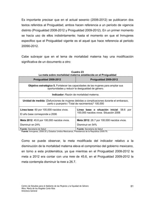 Es importante precisar que en el actual sexenio (2006-2012) se publicaron dos
 textos referidos al Proigualdad, ambos hacen referencia a un período de vigencia
 distinto (Proigualdad 2008-2012 y Proigualdad 2009-2012). En un primer momento
 se hacía uso de ellos indistintamente; hasta el momento en que el Inmujeres
 especifico que el Proigualdad vigente es el aquel que hace referencia al periodo
 20090-2012.


 Cabe subrayar que en el tema de mortalidad materna hay una modificación
 significativa de un documento a otro:


                                             Cuadro 23
                   La meta sobre mortalidad materna establecida en el Proigualdad
              Proigualdad 2008-2012                                          Proigualdad 2009-2012

        Objetivo estratégico 5. Fortalecer las capacidades de las mujeres para ampliar sus
                        oportunidades y reducir la desigualdad de género.

                                  Indicador: Razón de mortalidad materna.

  Unidad de medida: (Defunciones de mujeres debidas a complicaciones durante el embarazo,
                     parto o puerperio / Total de nacimientos)* 100,000

Línea base: 60 por 100,000 nacidos vivos.                    Línea base o situación inicial: 58.6 por
                                                             100,000 nacidos vivos. Situación 2006
El año base corresponde a 2006

Meta 2012: 45.6 por 100,000 nacidos vivos.                   Meta 2012: 26.7 por 100,000 nacidos vivos.
Disminuir en 24%                                             Disminuir en 54%
Fuente: Secretaría de Salud                                Fuente: Secretaría de Salud
 Fuente: Inmujeres, 2008:35 y Estados Unidos Mexicanos, Presidencia de la República 2009:79.



 Como se puede observar, la meta modificada del indicador relativo a la
 disminución de la mortalidad materna eleva el compromiso del gobierno mexicano,
 en torno a esta problemática, ya que mientras en el Proigualdad 2008-2012 la
 meta a 2012 era contar con una                     RMM     de 45.6, en el Proigualdad 2009-2012 la
 meta contempla disminuir la RMM a 26.7.




 Centro de Estudios para el Adelanto de las Mujeres y la Equidad de Género                                81
 Mtra. María de los Ángeles Corte Ríos
 Directora General
 