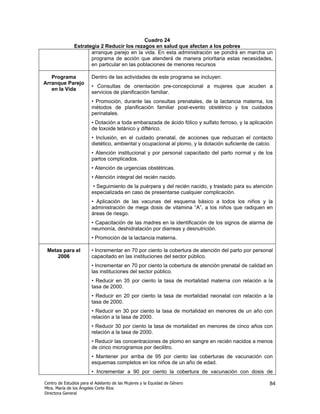 Cuadro 24
               Estrategia 2 Reducir los rezagos en salud que afectan a los pobres
                      arranque parejo en la vida. En esta administración se pondrá en marcha un
                      programa de acción que atenderá de manera prioritaria estas necesidades,
                      en particular en las poblaciones de menores recursos

   Programa             Dentro de las actividades de este programa se incluyen:
Arranque Parejo
                        • Consultas de orientación pre-concepcional a mujeres que acuden a
   en la Vida
                        servicios de planificación familiar.
                        • Promoción, durante las consultas prenatales, de la lactancia materna, los
                        métodos de planificación familiar post-evento obstétrico y los cuidados
                        perinatales.
                        • Dotación a toda embarazada de ácido fólico y sulfato ferroso, y la aplicación
                        de toxoide tetánico y diftérico.
                        • Inclusión, en el cuidado prenatal, de acciones que reduzcan el contacto
                        dietético, ambiental y ocupacional al plomo, y la dotación suficiente de calcio.
                        • Atención institucional y por personal capacitado del parto normal y de los
                        partos complicados.
                        • Atención de urgencias obstétricas.
                        • Atención integral del recién nacido.
                        • Seguimiento de la puérpera y del recién nacido, y traslado para su atención
                        especializada en caso de presentarse cualquier complicación.
                        • Aplicación de las vacunas del esquema básico a todos los niños y la
                        administración de mega dosis de vitamina “A”, a los niños que radiquen en
                        áreas de riesgo.
                        • Capacitación de las madres en la identificación de los signos de alarma de
                        neumonía, deshidratación por diarreas y desnutrición.
                        • Promoción de la lactancia materna.

 Metas para el          • Incrementar en 70 por ciento la cobertura de atención del parto por personal
     2006               capacitado en las instituciones del sector público.
                        • Incrementar en 70 por ciento la cobertura de atención prenatal de calidad en
                        las instituciones del sector público.
                        • Reducir en 35 por ciento la tasa de mortalidad materna con relación a la
                        tasa de 2000.
                        • Reducir en 20 por ciento la tasa de mortalidad neonatal con relación a la
                        tasa de 2000.
                        • Reducir en 30 por ciento la tasa de mortalidad en menores de un año con
                        relación a la tasa de 2000.
                        • Reducir 30 por ciento la tasa de mortalidad en menores de cinco años con
                        relación a la tasa de 2000.
                        • Reducir las concentraciones de plomo en sangre en recién nacidos a menos
                        de cinco microgramos por decilitro.
                        • Mantener por arriba de 95 por ciento las coberturas de vacunación con
                        esquemas completos en los niños de un año de edad.
                        • Incrementar a 90 por ciento la cobertura de vacunación con dosis de

Centro de Estudios para el Adelanto de las Mujeres y la Equidad de Género                             84
Mtra. María de los Ángeles Corte Ríos
Directora General
 