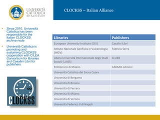 CLOCKSS – Italian Alliance



   Since 2010, Università
    Cattolica has been
    responsible for the
    Italian CLOCKSS            Libraries                                      Publishers
    archive node
                               European University Institute (EUI)            Casalini Libri
   Università Cattolica is
    promoting and              Istituto Nazionale Geofisica e Vulcanologia    Fabrizio Serra
    sustaining CLOCKSS         (INGV)
    cooperation with CILEA
    Consortium for libraries   Libera Università Internazionale degli Studi   CLUEB
    and Casalini Libri for     Sociali (LUISS)
    publishers.
                               Politecnico di Milano                          CADMO edizioni
                               Università Cattolica del Sacro Cuore
                               Università di Bergamo
                               Università di Brescia
                               Università di Ferrara
                               Università di Milano
                               Università di Verona
                               Università Federico II di Napoli
 