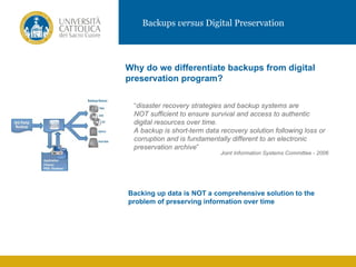 Backups versus Digital Preservation




           Why do we differentiate backups from digital
           preservation program?

            “disaster recovery strategies and backup systems are
            NOT sufficient to ensure survival and access to authentic
IMMAGINE    digital resources over time.
            A backup is short-term data recovery solution following loss or
            corruption and is fundamentally different to an electronic
            preservation archive”
                                        Joint Information Systems Committee - 2006




           Backing up data is NOT a comprehensive solution to the
           problem of preserving information over time
 