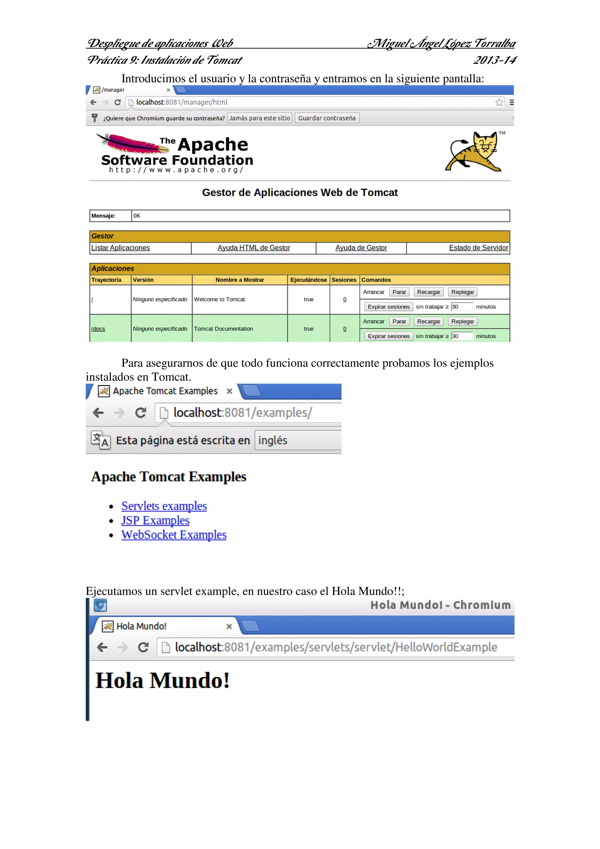 Despliegue de aplicaciones Web
Práctica 9: Instalación de Tomcat

Miguel Ángel López Torralba
2013-14

Introducimos el usuario y la contraseña y entramos en la siguiente pantalla:

Para asegurarnos de que todo funciona correctamente probamos los ejemplos
instalados en Tomcat.

Ejecutamos un servlet example, en nuestro caso el Hola Mundo!!;

 