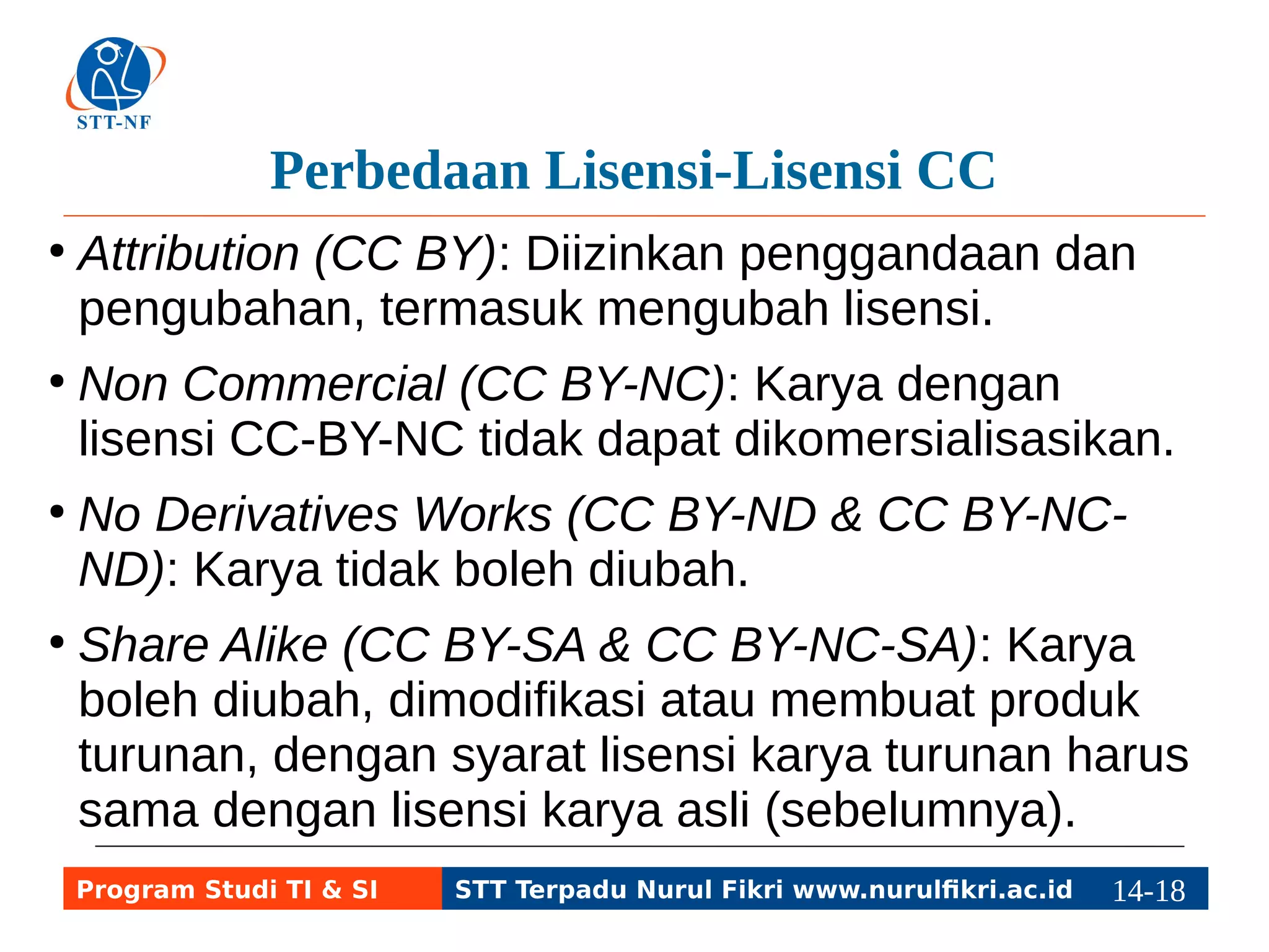 Perbedaan Lisensi-Lisensi CC 
● Attribution (CC BY): Diizinkan penggandaan dan 
pengubahan, termasuk mengubah lisensi. 
● Non Commercial (CC BY-NC): Karya dengan 
lisensi CC-BY-NC tidak dapat dikomersialisasikan. 
● No Derivatives Works (CC BY-ND & CC BY-NC-ND): 
Karya tidak boleh diubah. 
● Share Alike (CC BY-SA & CC BY-NC-SA): Karya 
boleh diubah, dimodifikasi atau membuat produk 
turunan, dengan syarat lisensi karya turunan harus 
sama dengan lisensi karya asli (sebelumnya). 
Program Studi TI & SI STT Terpadu Nurul Fikri www.nurulfikri.ac.id 14-1184-5 
 