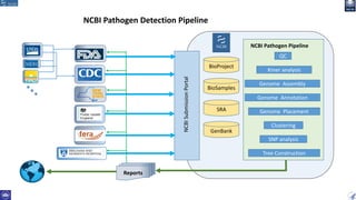 NCBI Pathogen Detection Pipeline
NCBISubmissionPortal
BioSamples
SRA
GenBank
BioProject
NCBI Pathogen Pipeline
Kmer analys...