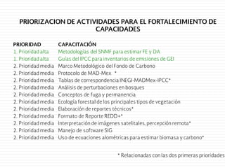 * Relacionadas con las dos primeras prioridades
PRIORIZACION DE ACTIVIDADES PARA EL FORTALECIMIENTO DE
CAPACIDADES
PRIORIDAD CAPACITACIÓN
1. Prioridad alta Metodologías del SNMF para estimar FE y DA
1. Prioridad alta Guías del IPCC para inventarios de emisiones de GEI
2. Prioridad media Marco Metodológico del Fondo de Carbono
2. Prioridad media Protocolo de MAD-Mex *
2. Prioridad media Tablas de correspondencia INEGI-MADMex-IPCC*
2. Prioridad media Análisis de perturbaciones en bosques
2. Prioridad media Conceptos de fuga y permanencia
2. Prioridad media Ecología forestal de los principales tipos de vegetación
2. Prioridad media Elaboración de reportes técnicos*
2. Prioridad media Formato de Reporte REDD+*
2. Prioridad media Interpretación de imágenes satelitales, percepción remota*
2. Prioridad media Manejo de software SIG
2. Prioridad media Uso de ecuaciones alométricas para estimar biomasa y carbono*
 