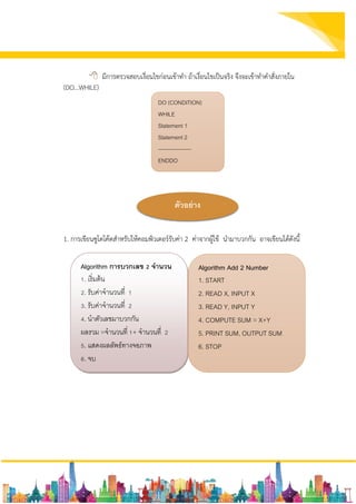  มีการตรวจสอบเงื่อนไขก่อนเข้าทา ถ้าเงื่อนไขเป็นจริง จึงจะเข้าทาคาสั่งภายใน
(DO...WHILE)
1. การเขียนซูโดโค้ดสาหรับให้คอมพิวเตอร์รับค่า 2 ค่าจากผู้ใช้ นามาบวกกัน อาจเขียนได้ดังนี้
DO (CONDITION)
WHILE
Statement 1
Statement 2
------------------
ENDDO
ตัวอย่าง
Algorithm การบวกเลข 2 จานวน
1. เริ่มต้น
2. รับค่าจานวนที่ 1
3. รับค่าจานวนที่ 2
4. นาตัวเลขมาบวกกัน
ผลรวม =จานวนที่ 1+ จานวนที่ 2
5. แสดงผลลัพธ์ทางจอภาพ
6. จบ
Algorithm Add 2 Number
1. START
2. READ X, INPUT X
3. READ Y, INPUT Y
4. COMPUTE SUM = X+Y
5. PRINT SUM, OUTPUT SUM
6. STOP
 