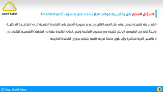 ‫اﻟﺴﺎﺑﻊ‬ ‫اﻟﺴﺆال‬
‫اﻟﻘﺎﻋﺪة‬ ‫أﻋﻠﻲ‬ ‫ﻣﻨﺴﻮب‬ ‫ﻓﻲ‬ ‫ﺑﺸﺪاد‬ ‫اﻟﺠﺎر‬ ‫ﻗﻮاﻋﺪ‬ ‫رﺑﻂ‬ ‫ﻳﻤﻜﻦ‬ ‫ﻫﻞ‬
‫؟‬
©Eng. Sherif Saber Ӵӳ
‫اﻟــﻘــﺎﻋــــﺪة‬ ‫اﻟــــﻰ‬ ‫اﻟﺨﺎرﺟﻴﺔ‬ ‫اﻟﻘﺎﻋﺪة‬ ‫ﻋﻠﻰ‬ ‫اﻟﺤﻤﻞ‬ ‫ﻣﺤﻮرﻳﺔ‬ ‫ﻋﺪم‬ ‫ﻣﻦ‬ ‫اﻟﻨﺎﺗﺞ‬ ‫اﻟﻌﺰم‬ ‫ﻧﻘﻞ‬ ‫ﻋﻠﻰ‬ ‫ﻟﻴﻌﻤﻞ‬ ‫ﺗﻨﻔﻴﺬه‬ ‫ﻳﺘﻢ‬ ‫اﻟﺸﺪاد‬
‫اﻟﺪاﺧﻠﻴــــﺔ‬
‫اﻟﺘﺼﻤﻴـ‬ ‫اﻓﺘﺮﺿـﺎت‬ ‫ﺑﺎن‬ ‫ﻋﻠﻤﺎ‬ ‫اﻟﻘﺎﻋﺪة‬ ‫اﻋﻠﻰ‬ ‫وﻟﻴﺲ‬ ‫اﻟﻘﺎﻋﺪة‬ ‫ﻣﻨﺴﻮب‬ ‫ﻣﻊ‬ ‫ﺗﻨﻔﻴﺬه‬ ‫ﻳﺘﻢ‬ ‫ان‬ ‫اﻟﻄﺒﻴﻌﻲ‬ ‫ﻣﻦ‬ ‫ﻓﺎﻧﻪ‬ ‫وﻟــــــﺬا‬
‫ﺑﺎن‬ ‫ﻟﻠﺸﺪاد‬ ‫ــﻢ‬
‫اﻟﺨﺎرﺟﻴﺔ‬ ‫اﻟﻘﺎﻋﺪة‬ ‫ﺑﺪوران‬ ‫ﻟﻠﺘﺤﻜﻢ‬ ‫ﻛﺎﻓﻴﺔ‬ ‫ﻟﺪرﺟﺔ‬ ‫ﺟﺎﺳﺌﺎ‬ ‫ﻳﻜﻮن‬ ‫وان‬ ‫ﻣﺒﺎﺷــﺮة‬ ‫اﻟﺘﺮﺑﺔ‬ ‫ﻳﻼﻣــﺲ‬ ‫ﻻ‬
Sherif Saber
 