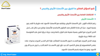 ‫اﻟﻌﺎﺷﺮ‬ ‫اﻟﺴﺆال‬ ‫ﺗﺎﺑﻊ‬
‫واﻟﺠﺒﺲ‬ ‫اﻷﺑﻴﺾ‬ ‫اﻷﺳﻤﻨﺖ‬ ‫ﺑﻴﻦ‬ ‫اﻟﻔﺮق‬ ‫ﻣﺎ‬
‫؟‬
©Eng. Sherif Saber 14

‫واﻟﺠﺒﺲ‬ ‫اﻷﺑﻴﺾ‬ ‫اﻷﺳﻤﻨﺖ‬ ‫ﺑﻴﻦ‬ ‫اﻟﻌﺎﻣﺔ‬ ‫اﻻﺧﺘﻼﻓﺎت‬

‫اﻷﺑﻴﺾ‬ ‫اﻷﺳﻤﻨﺖ‬
‫اﻟﻠﻮن‬ ‫اﺧﺘﻼف‬ ‫رﻏﻢ‬
،
‫اﻟﺘﺼــــــﻨﻴﻊ‬ ‫ﻃﺮﻳﻘــــﺔ‬ ‫ﻓﻰ‬ ‫اﻻﺳﻮد‬ ‫اﻻﺳﻤﻨﺖ‬ ‫ﻣﻊ‬ ‫ﺑﻴﺘﺸﺎﺑﻪ‬ ‫اﻻﺑﻴﺾ‬ ‫اﻻﺳﻤﻨﺖ‬ ‫ﻟﻜﻦ‬
‫ﻛﺒﻴﺮه‬ ‫ﺑﻨﺴﺒﺔ‬
،
‫ﺗﻔـــــــــﺎﻋــﻞ‬ ‫ﺧـﻼل‬ ‫ﻣـﻦ‬ ‫وﺗﻨﺘﺞ‬ ‫ﻟﻸﺳﻤﻨﺖ‬ ‫اﻻﺳﺎﺳﻲ‬ ‫اﻟﻤﻜﻮن‬ ‫ﻫﻲ‬ ‫اﻟﻜﻠﻨﻜﺮ‬ ‫ﻣﺎدة‬ ‫ان‬ ‫ﺣﻴﺚ‬
‫اﻟﻤﺘﻮﺳـﻂ‬ ‫ﻓﻲ‬ ‫ﺗﺼـﻞ‬ ‫ﺣـــﺮارة‬ ‫درﺟﺔ‬ ‫وﻋﻨﺪ‬ ‫ﺧﺎﺻﺔ‬ ‫اﻓﺮان‬ ‫ﻓﻲ‬ ‫ﻣﻌﻴﻨﺔ‬ ‫ﺑﻨﺴﺒﺔ‬ ‫اﻟﻄﻴﻦ‬ ‫ﻣﻊ‬ ‫اﻟﺠﻴﺮي‬ ‫اﻟﺤﺠﺮ‬
‫اﻟﻰ‬
١٤٠٠
‫ﻣﺌﻮﻳﺔ‬ ‫درﺟﺔ‬
.
‫ﻋﻠﻰ‬ ‫ﻳﺤﺘــﻮى‬ ‫اﻟﺠﻴﺮي‬ ‫اﻟﺤﺠـــﺮ‬ ‫ﻛﺎن‬ ‫ﻓﺈذا‬ ،‫اﻟﻨﻬﺎﺋﻲ‬ ‫اﻻﺳﻤــﻨﺖ‬ ‫ﻟﻠـــﻮن‬ ‫اﻟﻤﺤــﺪد‬ ‫ﻫﻮ‬ ‫اﻟﺠﻴﺮي‬ ‫اﻟﺤﺠﺮ‬ ‫وﻳﻌﺪ‬
‫اﻟﻠـــــﻮن‬ ‫ﻫـــــﻮ‬ ‫ﻳـــــــﻜـــﻮن‬ ‫اﻟﻨﻬـــﺎﺋﻲ‬ ‫اﻻﺳﻤـــــﻨﺖ‬ ‫ﻟﻮن‬ ‫ﻓﺈن‬ ‫اﻟﺤــﺪﻳﺪ‬ ‫اﻛــﺎﺳﻴﺪ‬ ‫ﺑﻌﺾ‬ ‫او‬ ‫اﻟﻤﻐﻨﺴﻴﻮم‬ ‫ﻋﻨﺼـــﺮ‬
‫اﻻﺳﻮد‬ ‫اﻻﺳﻤﻨﺖ‬ ‫ﺑﺎﺳﻢ‬ ‫ﻧﻌﺮﻓﻪ‬ ‫ﻣﺎ‬ ‫وﻫﻮ‬ ‫اﻻﺳﻮد‬
.
Sherif Saber
 