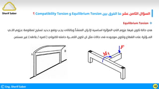 ‫ﻋﺸﺮ‬ ‫اﻟﺜﺎﻣﻦ‬ ‫اﻟﺴﺆال‬
‫ﺑﻴﻦ‬ ‫اﻟﻔﺮق‬ ‫ﻣﺎ‬
Equilibrium Torsion
‫و‬
Compatibility Torsion
‫؟‬
©Eng. Sherif Saber ӵӼ

Equilibrium Torsion
‫ﻋــﺰوم‬ ‫ﻟﻤﻘﺎوﻣﺔ‬ ‫ﺗﺴﻠﻴﺢ‬ ‫ﺣــﺪﻳﺪ‬ ‫وﺿﻊ‬ ‫ﻳﺠــﺐ‬ ‫وﺑﺎﻟﺘﺎﻟﻰ‬ ‫اﻟﻤﻨﺸـﺄ‬ ‫ﻹﺗــﺰان‬ ‫اﺳـﺎﺳﻴﻪ‬ ‫اﻟﻤﺆﺛﺮة‬ ‫اﻟﻠﻲ‬ ‫ﻋﺰوم‬ ‫ﻓﻴﻬﺎ‬ ‫ﺗﻜﻮن‬ ‫ﺣﺎﻟﺔ‬ ‫ﻫﻲ‬
‫اﻟﻠـــﻲ‬
‫ﻟﻜﺎﺑﻮﻟﻲ‬ ‫ﺣﺎﻣﻠﻪ‬ ‫اﻟﻜﻤــــــﺮة‬ ‫ﺗﻜﻮن‬ ‫ان‬ ‫ﻣﺜﻞ‬ ‫ﺣﺎﻻت‬ ‫ﻓﻰ‬ ‫ﻣﻮﺟﻮده‬ ‫وﺗﻜﻮن‬ ‫اﻟﻘﻄﺎع‬ ‫ﻋﻠﻰ‬ ‫اﻟﻤــــﺆﺛﺮة‬
)
‫ﻛﻤﺮه‬
/
‫ﺑﻼﻃﻪ‬
(
‫ﻣﺴﺘﻤﺮ‬ ‫ﻏﻴﺮ‬
.
Sherif Saber
 