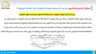 ‫واﻟﻌﺸﺮون‬ ‫اﻟﺴﺎﺑﻊ‬ ‫اﻟﺴﺆال‬
‫اﻟﻤﺠﺎورة‬ ‫اﻟﺒﻼﻃﺔ‬ ‫داﺧﻞ‬ ‫اﻟﻜﺎﺑﻮﻟﻲ‬ ‫ﺷﻮﻛﺔ‬ ‫ﺗﺴﺘﻤﺮ‬ ‫أن‬ ‫ﻳﺠﺐ‬ ‫ﻛﻢ‬
‫؟‬
©Eng. Sherif Saber ӷӵ
‫اﻟﻜﺎﺑﻮﻟﻲ‬ ‫ﻃﻮل‬ ‫وﻧﺼﻒ‬ ‫ﻣﺮة‬ ‫اﻟﻤﺠﺎورة‬ ‫اﻟﺒﻼﻃﺔ‬ ‫داﺧﻞ‬ ‫اﻟﻜﺎﺑﻮﻟﻲ‬ ‫ﺷﻮﻛﺔ‬ ‫ﺗﺴﺘﻤﺮ‬ ‫أن‬ ‫ﻳﺠﺐ‬
‫ﻃﺮﻳﻘﺔ‬ ‫ﺧــﻼل‬ ‫ﻣـﻦ‬ ‫ﺑﺪﻗــﺔ‬ ‫اﻟﻜﺎﺑﻮﻟﻲ‬ ‫ﺷﻮﻛــﺔ‬ ‫ﻃــﻮل‬ ‫ﺗﻘﺪﻳﺮ‬ ‫ﻳﺘــﻢ‬
Moment of Resistance
‫ﺗﻨﺘﻬــــــﻲ‬ ‫ﺑـــــﻄــــﻮل‬ ‫اﻟﺸﻮﻛـــﺔ‬ ‫ﺗﻤﺘﺪ‬ ‫ﺣﻴﺚ‬
‫اﻟﺘﺤﻤﻴﻞ‬ ‫ﺣﺎﻻت‬ ‫اﻟﻌــﺰوم‬ ‫ﺑﻌــﺪه‬
Max-Max
‫ﺑــﻄ‬ ‫ﻧﺘﻴﺠﺔ‬ ‫اﻟﺴﺎﻟﺒﺔ‬ ‫ﺑﺎﻟﻜﺎﺑﻮﻟﻲ‬ ‫اﻟﻤﺘﺼﻠﺔ‬ ‫اﻟﺒﺎﻛﻴﺔ‬ ‫ﻓﻲ‬ ‫ﻳﻤﺘﺪ‬ ‫اﻟﻄﻮل‬ ‫ﻫﺬا‬ ‫ان‬ ‫وﻧﻼﺣﻆ‬
‫ـــﻮل‬
‫اﻟﻘـــﻴ‬ ‫ﻃـــــﺮﻳـــﻘــــﺔ‬ ‫ﻓــــﻰ‬ ‫اﻟﺸﻮﻛـــــﺔ‬ ‫ﺗﻮﻗـــﻴـــﻒ‬ ‫ﻳﺘــﻢ‬ ‫ﻟﻠﺘﺒﺴﻴﻂ‬ ‫وﺑﺎﻟﺘﺎﻟــﻰ‬ ‫اﻟﻜﺎﺑﻮﻟــﻲ‬ ‫ﻃــﻮل‬ ‫وﻧﺼﻒ‬ ‫ﻣﺮة‬
‫ﹰ‬
‫ﺗﻘﺮﻳﺒﺎ‬ ‫ﻳﺴﺎوي‬
‫اﻟﺘ‬ ‫ــﻢ‬
‫ﺠـــﺮﻳﺒﻴـــﺔ‬
Empirical Method
‫ﺑﻌﺪ‬ ‫ﻋﻠﻰ‬ ‫ﻟﻠﺘﺴﻠﻴﺢ‬
٠٫٣٥
‫ﻃﺮﻳﻘﺔ‬ ‫ﻷﺳﺘﺨﺪام‬ ‫ﺣﺎﺟﻪ‬ ‫ﻫﻨﺎك‬ ‫ﻳﻜﻮن‬ ‫ﻻ‬ ‫وﺑﺎﻟﺘﺎﻟﻰ‬ ‫اﻷﻣﺎن‬ ‫ﻟﺰﻳﺎدة‬ ‫اﻟﻜﺎﺑﻮﻟﻲ‬ ‫ﻃﻮل‬
( M.R )
Sherif Saber
 