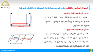 ‫واﻟﺜﻼﺛﻮن‬ ‫اﻟﺴﺎدس‬ ‫اﻟﺴﺆال‬
‫اﻟﻄﻮﻳﻞ‬ ‫اﻻﺗﺠﺎه‬ ‫ﻓﻲ‬ ‫اﻟﻤﺼﻤﺘﺔ‬ ‫اﻟﺒﻼﻃﺔ‬ ‫ﻓﺮش‬ ‫ﻳﻜﻮن‬ ‫ﻣﺘﻲ‬
‫؟‬
©Eng. Sherif Saber Ӹ
ӵ

‫اﻟﻮاﺣﺪ‬ ‫اﻻﺗﺠﺎه‬ ‫ذات‬ ‫اﻟﺒﻼﻃﺎت‬ ‫ﻓﻲ‬
‫أﺗﺠـــﺎة‬ ‫ﻛــﺎن‬ ‫اذا‬ ‫ﺣﺎﻟﺔ‬ ‫ﻓﻲ‬ ‫اﻷﻛـــــﺒﺮ‬ ‫اﻻﺗﺠــﺎه‬ ‫ﻓﻲ‬ ‫اﻟــﻔــﺮش‬ ‫ﺟـﻌــﻞ‬ ‫ﺗـﻢ‬
‫ﻛـــﻤﺮات‬ ‫ﺗﻮﺟـــــــــﺪ‬ ‫وﻻ‬ ‫ﻟﻠﺒﺎﻛـــﻴﺔ‬ ‫اﻷﻗـــﺼﺮ‬ ‫ﻟﻠـﻄــــﻮل‬ ‫ﻣــــــﻮازي‬ ‫اﻟﻜﻤــﺮات‬
‫اﻟﻄﻮﻳﻞ‬ ‫ﻟﻼﺗﺠﺎه‬ ‫ﻣﻮازﻳﺔ‬
.

‫اﻻﺗﺠﺎﻫﻴﻦ‬ ‫ذات‬ ‫اﻟﺒﻼﻃﺎت‬ ‫ﻓﻲ‬
‫ﺗﻮﺟـــﺪ‬ ‫وﻻ‬ ‫ﺑﻼﻃــــﻪ‬ ‫ﺑﺠـــﻮاره‬ ‫ﺗﻮﺟــﺪ‬ ‫ﻟﻠﺒﺎﻛـــﻴـﺔ‬ ‫اﻻﻛـــﺒﺮ‬ ‫اﻟﻄـــﻮل‬ ‫ﻛــﺎن‬ ‫اذا‬
‫اﻟﻄــــﻮل‬ ‫ﻳــﺤـﺘﺎج‬ ‫ان‬ ‫اﻟﻤﻤﻜــــﻦ‬ ‫ﻣــــﻦ‬ ‫اﻻﻗــــﺼﺮ‬ ‫اﻟـــﻄـــﻮل‬ ‫ﺑﺠـــﻮار‬ ‫ﺑﻼﻃــﻪ‬
‫ﻟﺘﺤــﻘـﻴــﻖ‬ ‫اﻷﻗﺼـــﺮ‬ ‫اﻟﻄــﻮل‬ ‫ﻣــﻦ‬ ‫اﻟﺤـﻤﻞ‬ ‫ﻣــﻦ‬ ‫اﻛــﺒﺮ‬ ‫ﻧﺴﺒﺔ‬ ‫اﻟﻰ‬ ‫اﻻﻛــﺒﺮ‬
‫اﻛﺒﺮ‬ ‫اﻟﻌﺰوم‬ ‫ﻗﻴﻤﺔ‬ ‫ﺗﻜﻮن‬ ‫وﺑﺎﻟﺘﺎﻟــﻰ‬ ‫اﻟﺘﺮﺧﻴﻢ‬ ‫ﻧﻔﺲ‬
.
Sherif Saber
 