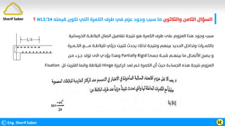 ‫واﻟﺜﻼﺛﻮن‬ ‫اﻟﺜﺎﻣﻦ‬ ‫اﻟﺴﺆال‬
‫ﻗﻴﻤﺘﻪ‬ ‫ﺗﻜﻮن‬ ‫اﻟﺘﻲ‬ ‫اﻟﻜﻤﺮة‬ ‫ﻃﺮف‬ ‫ﻓﻲ‬ ‫ﻋﺰم‬ ‫وﺟﻮد‬ ‫ﺳﺒﺐ‬ ‫ﻣﺎ‬
WL2/24
‫؟‬
©Eng. Sherif Saber Ӹ
ӷ
‫اﻟﺨﺮﺳﺎﻧﻴﺔ‬ ‫اﻟﺒﻼﻃـــﺔ‬ ‫اﺗﺼﺎل‬ ‫ﺗﻔﺎﺻﻴﻞ‬ ‫ﻧﺘﻴﺠﺔ‬ ‫ﻫﻮ‬ ‫اﻟﻜﻤﺮة‬ ‫ﻃﺮف‬ ‫ﻋﻠﻰ‬ ‫اﻟﻌﺰوم‬ ‫ﻫﺬا‬ ‫وﺟﻮد‬ ‫ﺳﺒﺐ‬
‫اﻟﻜـــﻤــﺮة‬ ‫ﻣـــــــﻊ‬ ‫ﻟﻠﺒﻼﻃــﺔ‬ ‫ﺟﺰﺋﻲ‬ ‫ﺗﺜﺒﻴﺖ‬ ‫ﻳﺤﺪث‬ ‫ﻟﺬﻟﻚ‬ ‫وﻧﺘﻴﺠﺔ‬ ‫ﺑﻴﻨﻬﻢ‬ ‫اﻟﺤﺪﻳﺪ‬ ‫وﺗﺪاﺧﻞ‬ ‫ﺑﺎﻟﻜﻤـــﺮات‬
‫ﺟﺴﺊ‬ ‫ﺷﺒـــﺔ‬ ‫ﺑﻴﻨﻬــﻢ‬ ‫ﻣﺎ‬ ‫اﻷﺗﺼــﺎل‬ ‫ﻳﺼﺒﺢ‬ ‫و‬
Partially Rigid
‫ﻣـﻦ‬ ‫ﺟــﺰء‬ ‫ﺗﻮﻟﺪ‬ ‫اﻟﻰ‬ ‫ﻳﺆدي‬ ‫وﻫﺬا‬
‫ﻛﺮﻛﻴﺰة‬ ‫ﺗﻌﺪ‬ ‫ﻟــﻢ‬ ‫اﻟﻜﻤﺮة‬ ‫أن‬ ‫ﺣﻴﺚ‬ ‫اﻟﺠﺴﺎءة‬ ‫ﻫﺬه‬ ‫ﻧﺘﻴﺠﺔ‬ ‫اﻟﻌﺰوم‬
Hinge
‫ﻟﻞ‬ ‫اﻗﺘﺮﺑﺖ‬ ‫واﻧﻤﺎ‬ ‫ﻟﻠﺒﻼﻃﺔ‬
Fixation
Sherif Saber
 
