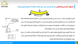 ‫واﻟﺜﻼﺛﻮن‬ ‫اﻟﺘﺎﺳﻊ‬ ‫اﻟﺴﺆال‬
‫ﻛﺜﻴ‬ ‫ﺗﺴﻠﻴﺢ‬ ‫ﻧﻀﻊ‬ ‫ﻻ‬ ‫ﻓﻠﻤﺎذا‬ ‫اﻟﺸﺪ‬ ‫ﻓﻲ‬ ‫ﺟﻴﺪ‬ ‫اﻟﺤﺪﻳﺪ‬ ‫أن‬ ‫ﺑﻤﺎ‬
‫ﺮ‬
‫؟‬
©Eng. Sherif Saber Ӹ
Ӹ
‫ﻟﻞ‬ ‫اﻟﺨﺮﺳﺎﻧـــﻲ‬ ‫اﻟﻘﻄــــﺎع‬ ‫ﻳﺼــــﻞ‬ ‫ﻻ‬ ‫ﺣـــــــﺘﻲ‬ ‫ﻟﺬﻟﻚ‬ ‫اﻟﺮﺋﻴﺴﻲ‬ ‫اﻟﺴﺒﺐ‬
Over Reinforcement Section
‫ﺑﻬﺎ‬ ‫اﻟﻤﺴﻤﻮح‬ ‫اﻟﻘﻴﻤﺔ‬ ‫ﻫﻴﻌـــــﺪى‬ ‫ﺑﺎﻟﺨﺮﺳــﺎﻧﺔ‬ ‫اﻟﺨــﺎص‬ ‫اﻟﻘﻄـــﺎع‬ ‫ﻫــﺬا‬ ‫ﻓﻰ‬ ‫اﻷﺟﻬـــﺎد‬ ‫ﻹن‬
Fcu
‫ﻗـــــﺒﻞ‬
‫ﻟﻴﻪ‬ ‫ﻣﺴﻤﻮﺣــﻪ‬ ‫ﻣﻘــﺎوﻣـﺔ‬ ‫ﻷﻗﺼــﻰ‬ ‫اﻟﺤــﺪﻳﺪ‬ ‫ﻳﻮﺻـﻞ‬ ‫ﻣﺎ‬
Fy
‫ﻓﻲ‬ ‫اﻻول‬ ‫اﻟﺨـﺮﺳﺎﻧﺔ‬ ‫ﻫﺘﻨﻬــﺎر‬ ‫وﺑﺎﻟﺘﺎﻟــﻰ‬
‫اﻟﺸﺪ‬ ‫ﻣﻨﻄﻘﺔ‬ ‫ﻓﻰ‬ ‫اﻟﺤﺪﻳﺪ‬ ‫اﻧﻬﻴﺎر‬ ‫ﻗﺒﻞ‬ ‫اﻟﻀﻐﻂ‬ ‫ﻣﻨﻄﻘﺔ‬
.
‫ﺑــــﺪون‬ ‫ﻣﻔﺎﺟــــﺊ‬ ‫ﺑﺸﻜـــﻞ‬ ‫اﻟﻘﻄـــﺎع‬ ‫اﻧﻬـــــﻴﺎر‬ ‫ﻗـــﺒﻞ‬
‫ﹰ‬
‫ﺟـﺪا‬ ‫ﺻﻐﻴﺮ‬ ‫ﺑﻴﻜﻮن‬ ‫اﻟﺸـﺮوخ‬ ‫ﻋــﺮض‬ ‫اﻟﻨﻮع‬ ‫ﻫﺬا‬ ‫ﻓﻰ‬
‫ﻋﻠـــﻰ‬ ‫اﻻﻧــﻬﻴﺎر‬ ‫ﻗﺒﻞ‬ ‫اﻟﻤﻨﺸﺄ‬ ‫ﻹﺧﻼء‬ ‫ﻓﺮﺻﻪ‬ ‫ﻓﻴﻪ‬ ‫ﻫﻴﻜــــﻮن‬ ‫ﻣﺶ‬ ‫وﺑﺎﻟﺘﺎﻟــﻰ‬ ‫اﻻﻧﻬــﻴﺎر‬ ‫ﻗﺒﻞ‬ ‫ﻣﺆﺷﺮ‬ ‫اى‬
‫ال‬ ‫اﻟﻘﻄﺎﻋﺎت‬ ‫ﻋﻜﺲ‬
Under Reinforcement
Sherif Saber
 