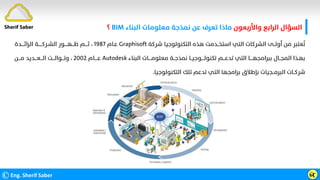 ‫واﻷرﺑﻌﻮن‬ ‫اﻟﺮاﺑﻊ‬ ‫اﻟﺴﺆال‬
‫اﻟﺒﻨﺎء‬ ‫ﻣﻌﻠﻮﻣﺎت‬ ‫ﻧﻤﺬﺟﺔ‬ ‫ﻋﻦ‬ ‫ﺗﻌﺮف‬ ‫ﻣﺎذا‬
BIM
‫؟‬
©Eng. Sherif Saber ӹ
ӷ
‫ﺷﺮﻛﺔ‬ ‫اﻟﺘﻜﻨﻮﻟﻮﺟﻴﺎ‬ ‫ﻫﺬه‬ ‫اﺳﺘﺨــﺪﻣﺖ‬ ‫اﻟﺘﻲ‬ ‫اﻟﺸﺮﻛﺎت‬ ‫أوﻟــﻰ‬ ‫ﻣﻦ‬ ‫ﻌﺘﺒﺮ‬
‫ﹸ‬
‫ﺗ‬
Graphisoft
‫ﻋـﺎم‬
١٩٨٧
‫ﺛ‬ ،
‫ــــ‬
‫ﻇ‬ ‫ﻢ‬
‫ـــ‬
‫ﻬ‬
‫ــ‬
‫اﻟﺸـﺮﻛ‬ ‫ــﻮر‬
‫ـــــ‬
‫اﻟﺮاﺋ‬ ‫ﺔ‬
‫ــــ‬
‫ﺪة‬
‫اﻟﻤﺠــﺎل‬ ‫ﺑﻬـﺬا‬
‫اﻟﺒﻨﺎء‬ ‫ﻣﻌﻠﻮﻣــــﺎت‬ ‫ﻧﻤﺬﺟــﺔ‬ ‫ﺗﻜﻨﻮﻟــــﻮﺟﻴــﺎ‬ ‫ﺗﺪﻋـــﻢ‬ ‫اﻟﺘﻲ‬ ‫ﺑﺒﺮاﻣﺠﻬــــﺎ‬
Autodesk
‫ﻋـ‬
‫ــ‬
‫ـﺎم‬
٢٠٠٢
‫وﺗ‬ ،
‫ـــ‬
‫ﻮاﻟـ‬
‫ــ‬
‫اﻟ‬ ‫ﺖ‬
‫ـــ‬
‫ﻌ‬
‫ـــ‬
‫ﻣ‬ ‫ﺪﻳﺪ‬
‫ـــ‬
‫ﻦ‬
‫ﺑﺈﻃﻼق‬ ‫اﻟﺒﺮﻣــﺠﻴﺎت‬ ‫ﺷﺮﻛــﺎت‬
‫اﻟﺘﻜﻨﻮﻟﻮﺟﻴﺎ‬ ‫ﺗﻠﻚ‬ ‫ﺗﺪﻋﻢ‬ ‫اﻟﺘﻲ‬ ‫ﺑﺮاﻣﺠﻬﺎ‬
.
Sherif Saber
 