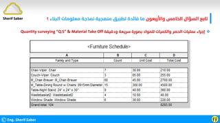 ©Eng. Sherif Saber Ӻӳ
Sherif Saber ‫واﻷرﺑﻌﻮن‬ ‫اﻟﺨﺎﻣﺲ‬ ‫اﻟﺴﺆال‬ ‫ﺗﺎﺑﻊ‬
‫اﻟﺒﻨﺎء‬ ‫ﻣﻌﻠﻮﻣﺎت‬ ‫ﻧﻤﺬﺟﺔ‬ ‫ﻣﻨﻬﺠﻴﺔ‬ ‫ﺗﻄﺒﻴﻖ‬ ‫ﻓﺎﺋﺪة‬ ‫ﻣﺎ‬
‫؟‬

‫ودﻗﻴﻘﺔ‬ ‫ﺳﺮﻳﻌﺔ‬ ‫ﺑﺼﻮرة‬ ‫ﻟﻠﻤﻮاد‬ ‫واﻟﻜﻤﻴﺎت‬ ‫اﻟﺤﺼﺮ‬ ‫ﻋﻤﻠﻴﺎت‬ ‫إﺟﺮاء‬
Quantity surveying “Q.S” & Material Take Off
 