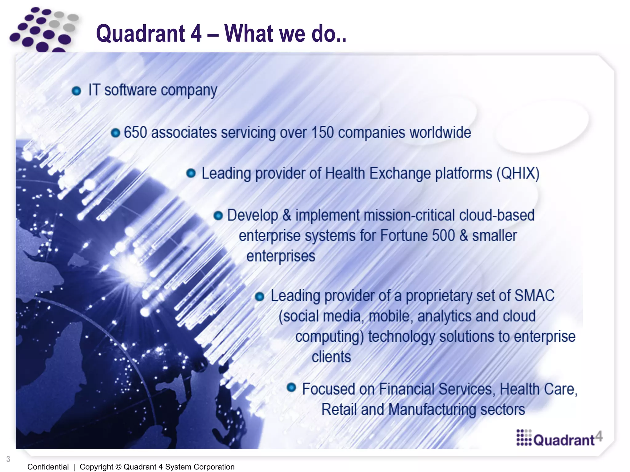 Confidential | Copyright © Quadrant 4 System Corporation
Quadrant 4 – What we do..
3
 