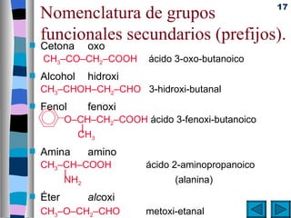17
  Nomenclatura de grupos
  funcionales secundarios (prefijos).
s   Cetona     oxo
    CH3–CO–CH2–COOH        ácido 3-oxo-butanoico
s   Alcohol    hidroxi
    CH3–CHOH–CH2–CHO 3-hidroxi-butanal
s   Fenol      fenoxi
           O–CH–CH2–COOH ácido 3-fenoxi-butanoico
              |
             CH3
s   Amina      amino
    CH3–CH–COOH            ácido 2-aminopropanoico
        |
        NH2                      (alanina)
s   Éter       alcoxi
    CH3–O–CH2–CHO          metoxi-etanal
 
