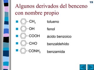 19
Algunos derivados del benceno
con nombre propio
     CH3     tolueno
     OH      fenol
     COOH    ácido benzoico
     CHO     benzaldehído
     CONH2   benzamida
 