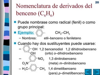20
Nomenclatura de derivados del
benceno (C6H6)
s   Puede nombrase como radical (fenil) o como
    grupo principal:
s   Ejemplo:          CH2–CH3
    – Nombres:        etil–benceno o feniletano
s   Cuando hay dos sustituyentes puede usarse:
    –      OH 1,2 bencenodiol 1,2 dihidroxibenceno
               OH         (orto) o–dihidroxibenceno
    –               NO2     1,3 dinitrobenceno
        O2 N                (meta) m–dinitrobenceno
    – H3C–          CH3 1,4 dimetilbenceno
                        (para) p–dimetilbenceno
 