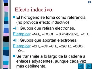 25


 Efecto inductivo.
s El hidrógeno se toma como referencia
  (no provoca efecto inductivo)
–I : Grupos que retiran electrones.
Ejemplos: –NO2, – COOH, – X (halógeno), –OH...
+I : Grupos que aportan electrones.
Ejemplos: –CH3, –CH2–CH3, –C(CH3), –COO–,
    –O–...
s   Se transmite a lo largo de la cadena a
    enlaces adyacentes, aunque cada vez
    más débilmente.
 