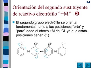 44

Orientación del segundo sustituyente
de reactivo electrófilo “+M” . ƒ
s   El segundo grupo electrófilo se orienta
    fundamentalmente a las posiciones “orto” y
    “para” dado el efecto +M del Cl ya que estas
    posiciones tienen δ– )

      Cl       Cl+           Cl+       Cl+
                     –             –
           ↔             ↔         ↔
                             –
 
