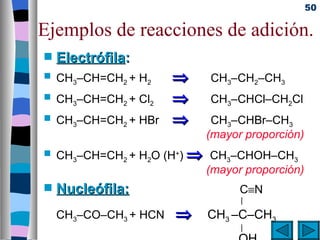 50

Ejemplos de reacciones de adición.
s   Electrófila:
s   CH3–CH=CH2 + H2    ⇒     CH3–CH2–CH3
s   CH3–CH=CH2 + Cl2   ⇒     CH3–CHCl–CH2Cl
s   CH3–CH=CH2 + HBr   ⇒     CH3–CHBr–CH3
                            (mayor proporción)
s   CH3–CH=CH2 + H2O (H+) ⇒ CH3–CHOH–CH3
                           (mayor proporción)
s   Nucleófila:                   C≡N
                                  |
    CH3–CO–CH3 + HCN   ⇒     CH3 –C–CH3
                                  |
 