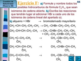 Ejercicio F: a) Formule y nombre todos los 55
Cuestión de
Selectividad
(Reserva 98)
              posibles hidrocarburos de fórmula C5H10 que sean
        isómeros de cadena abierta. b) Escriba las reacciones
        que tendrán lugar al adicionar HBr a cada uno de los
        isómeros de cadena lineal del apartado a).
       b) alqueno + HBr        → bromoderivado mayoritario
       CH2 =CH–CH2–CH2–CH3 → CH3 –CHBr–CH2–CH2–CH3
       CH3–CH=CH–CH2–CH3 → CH3 –CHBr–CH2–CH2–CH3
                           + CH3 –CH2–CHBr–CH2–CH3
       CH2 =C–CH2–CH3    →        CH3 –CBr–CH2–CH3
            |                          |
            CH3                       CH3
       CH2 =CH–CH–CH3             →       CH3 –CHBr–CH–CH3
               |                                     |
               CH3                                 CH3
       CH3–C=CH–CH3               →       CH3 –CBr–CH2–CH3
               |                                |
               CH3                            CH3
 