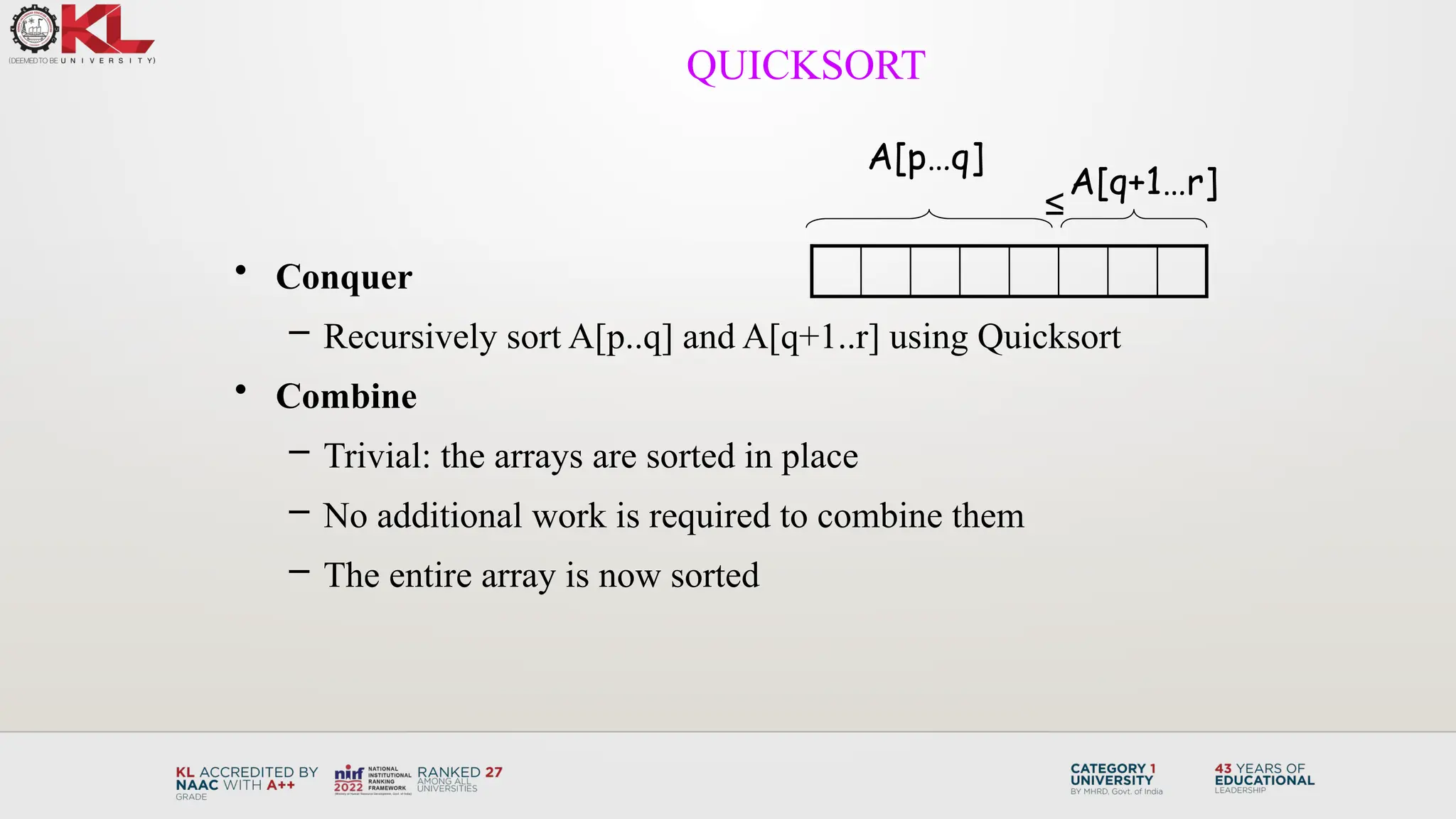 QUICKSORT
• Conquer
– Recursively sort A[p..q] and A[q+1..r] using Quicksort
• Combine
– Trivial: the arrays are sorted in place
– No additional work is required to combine them
– The entire array is now sorted
A[p…q]
A[q+1…r]
≤
 