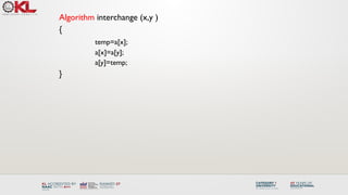 Algorithm interchange (x,y )
{
temp=a[x];
a[x]=a[y];
a[y]=temp;
}
 