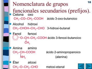 Nomenclatura de grupos funcionales secundarios (prefijos). Cetona  oxo   CH 3 –CO–CH 2 –COOH  ácido 3-oxo-butanoico Alcohol  hidroxi CH 3 –CHOH–CH 2 –CHO  3-hidroxi-butanal Fenol fenoxi   O–CH–CH 2 –COOH  ácido 3-fenoxi-butanoico   |   CH 3 Amina  amino CH 3 –CH–COOH  ácido 2-aminopropanoico   |   NH 2 (alanina) Éter  alc oxi CH 3 –O–CH 2 –CHO  metoxi-etanal 
