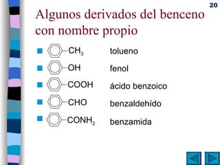 Algunos derivados del benceno con nombre propio tolueno fenol ácido benzoico   benzaldehído   benzamida CH 3 COOH OH CONH 2 CHO 