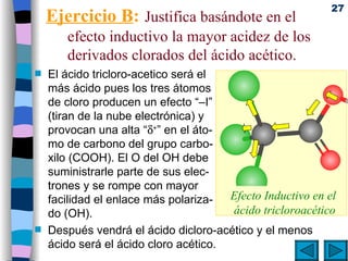 Ejercicio B :   Justifica basándote en el efecto inductivo la mayor acidez de los derivados clorados del ácido acético. El ácido tricloro-acetico será el  más ácido pues los tres átomos  de cloro producen un efecto “–I” (tiran de la nube electrónica) y provocan una alta “  + ” en el áto- mo de carbono del grupo carbo- xilo (COOH). El O del OH debe  suministrarle parte de sus elec- trones y se rompe con mayor  facilidad el enlace más polariza- do (OH). Después vendrá el ácido dicloro-acético y el menos ácido será el ácido cloro acético. Efecto Inductivo en el  ácido tricloroacético 